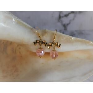 Handmade Pink Faceted Glass Sphere Gold Earrings with Dainty Bows